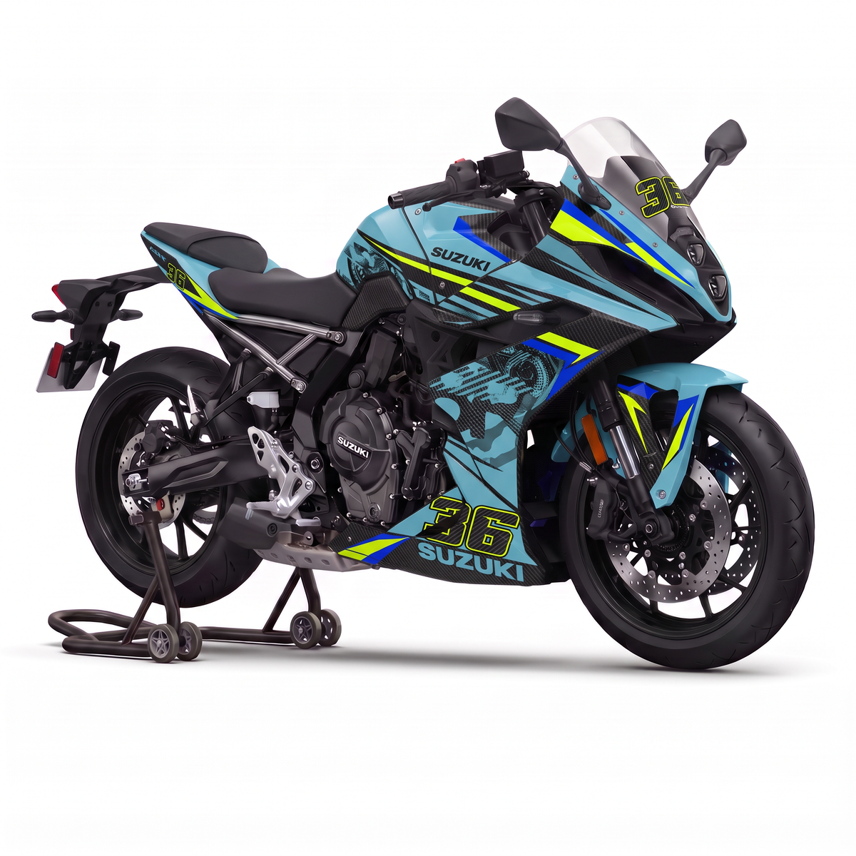 Kit de pegatinas Suzuki GSX-8R 2024-2026 diseño Aqua Volt en turquesa, negro y verde flúor - vista frontal