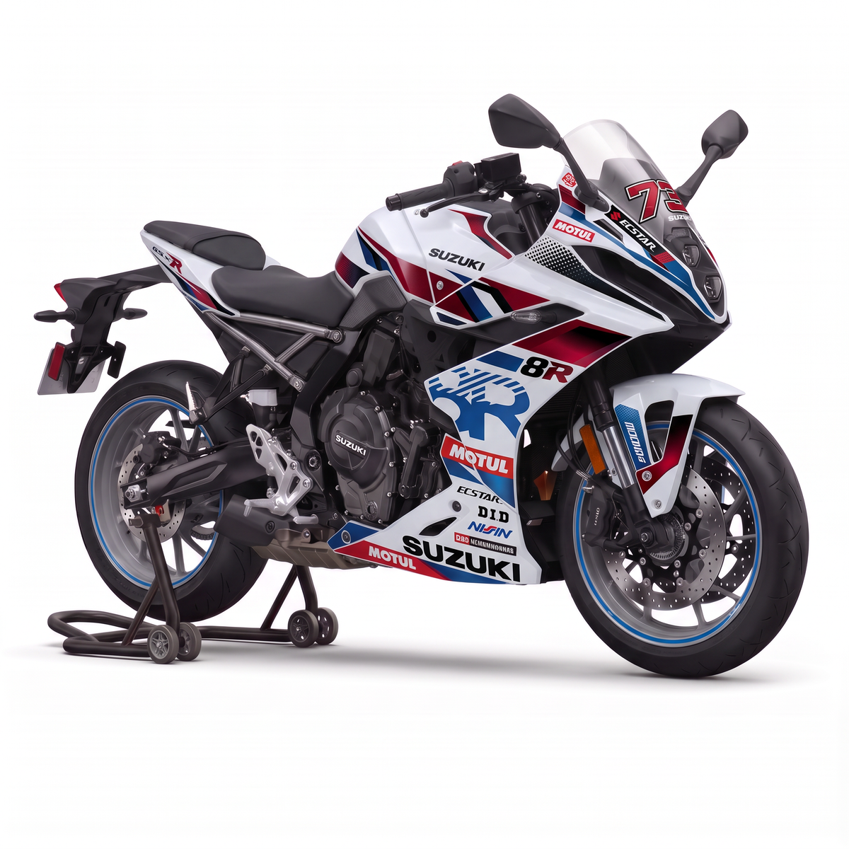 Kit de pegatinas Suzuki GSX-8R 2024-2026 diseño GP White en blanco, granate y azul - vista frontal