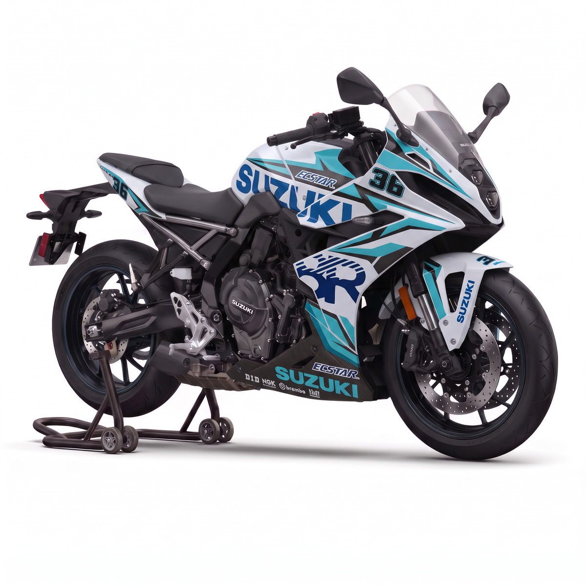 Kit de pegatinas Suzuki GSX-8R 2024-2026 diseño Ice Blue en blanco y azul cielo - vista frontal