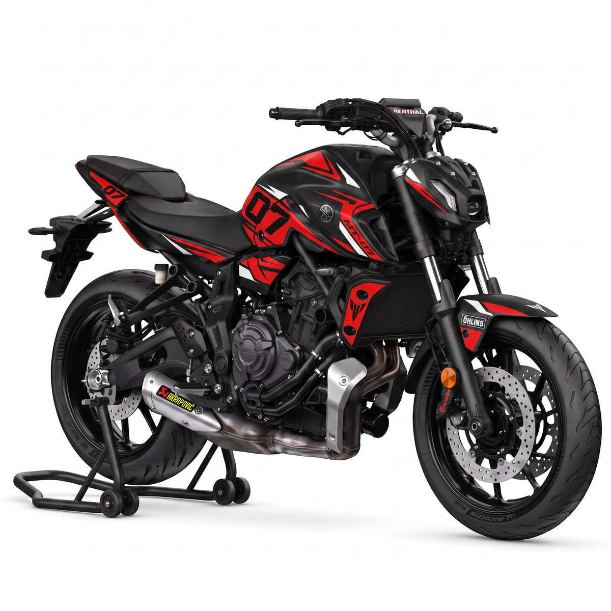 Kit de pegatinas Arrow Red montado en una Yamaha MT-07