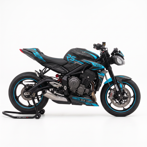 Kit de pegatinas Blade Cyan en una Triumph Street Triple 765 RS, vista lateral