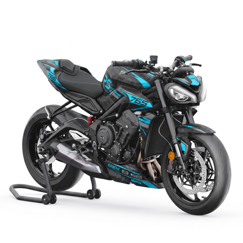 Kit de pegatinas Blade Cyan en una Triumph Street Triple 765 RS, vista tres cuartos delantera