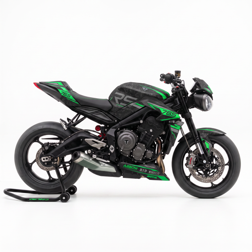 Kit de pegatinas Blade Green en una Triumph Street Triple 765 RS, vista lateral