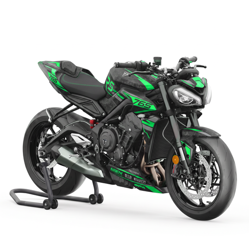 Kit de pegatinas Blade Green en una Triumph Street Triple 765 RS, vista tres cuartos delantera