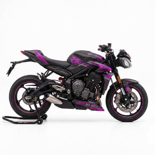 Kit de pegatinas Blade Pink en una Triumph Street Triple 765 RS, vista lateral