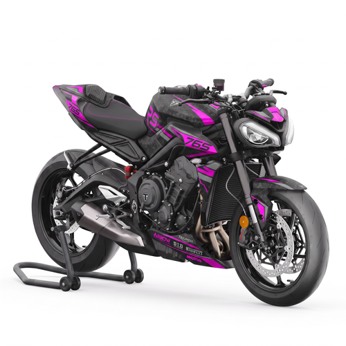 Kit de pegatinas Blade Pink en una Triumph Street Triple 765 RS, vista tres cuartos delantera