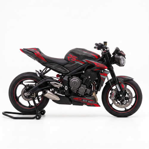 Kit de pegatinas Blade Red en una Triumph Street Triple 765 RS, vista lateral