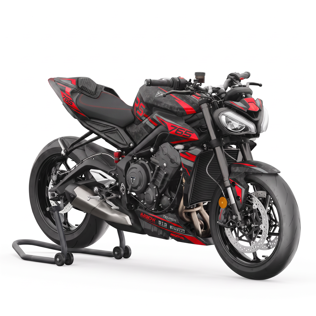 Kit de pegatinas Blade Red en una Triumph Street Triple 765 RS, vista tres cuartos delantera