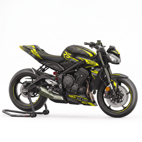 Kit de pegatinas Blade Yellow en una Triumph Street Triple 765 RS, vista lateral