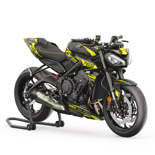 Kit de pegatinas Blade Yellow en una Triumph Street Triple 765 RS, vista tres cuartos delantera