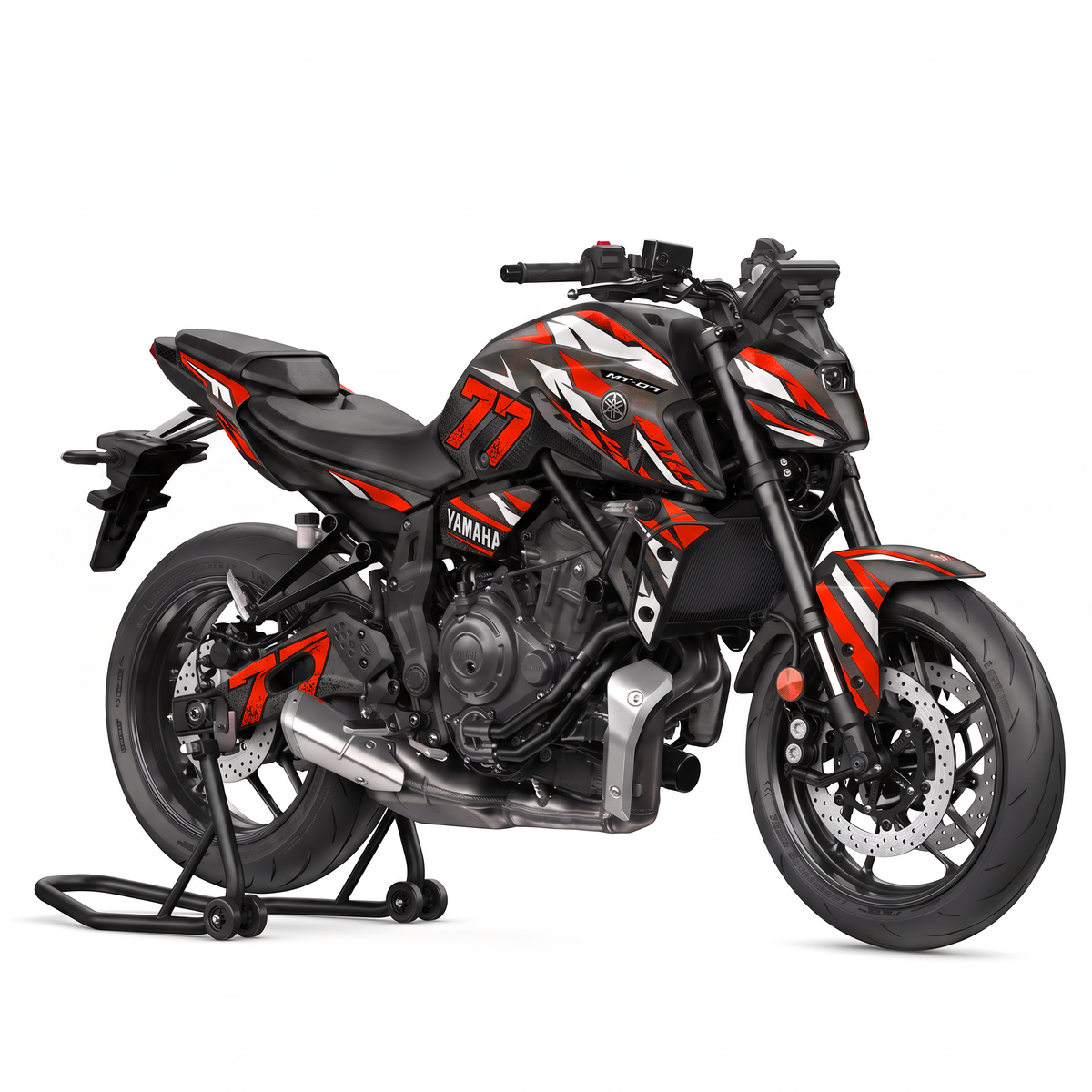 Kit de pegatinas Blaze Red montado en una Yamaha MT-07