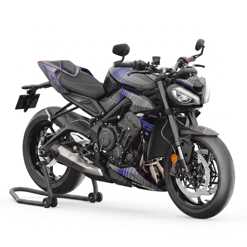 Triumph Street Triple 765 RS en caballete con el kit Cyber Blue: base gris y franjas diagonales azul violeta