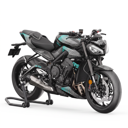 Triumph Street Triple 765 RS en caballete con el kit Cyber Cyan: base gris y franjas diagonales cian