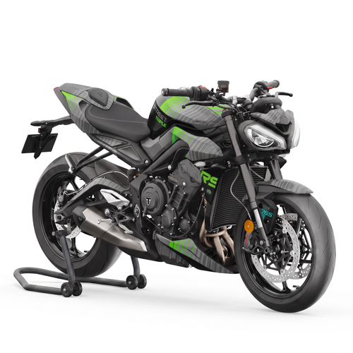 Triumph Street Triple 765 RS en caballete con el kit Cyber Green: base gris y franjas diagonales verdes