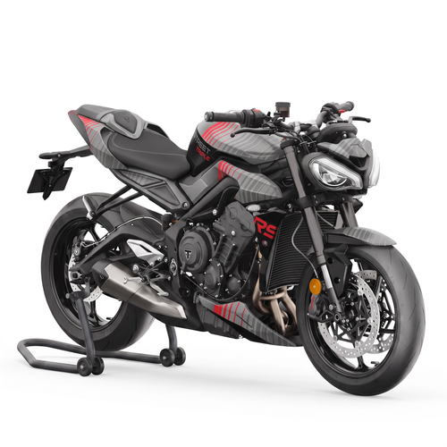 Triumph Street Triple 765 RS en caballete con el kit Cyber Red: base gris y franjas diagonales rojas