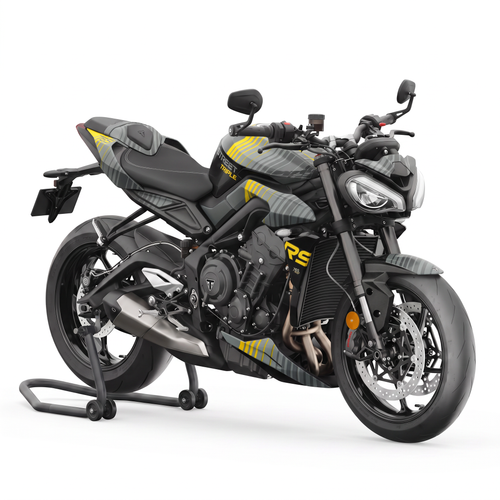 Triumph Street Triple 765 RS en caballete con el kit Cyber Yellow: base gris y franjas diagonales amarillas