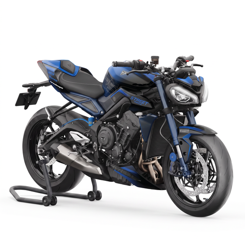 Triumph Street Triple 765 RS en caballete con el kit Fury Blue: negra con trazos azules y el rotulo STREET