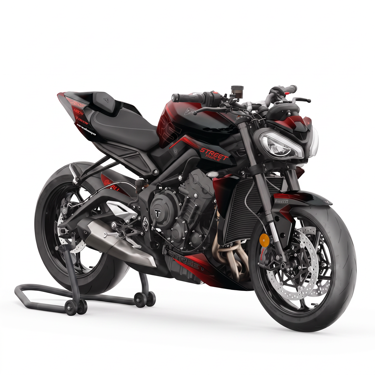 Triumph Street Triple 765 RS en caballete con el kit Fury Red: negra con trazos rojos y el rotulo STREET