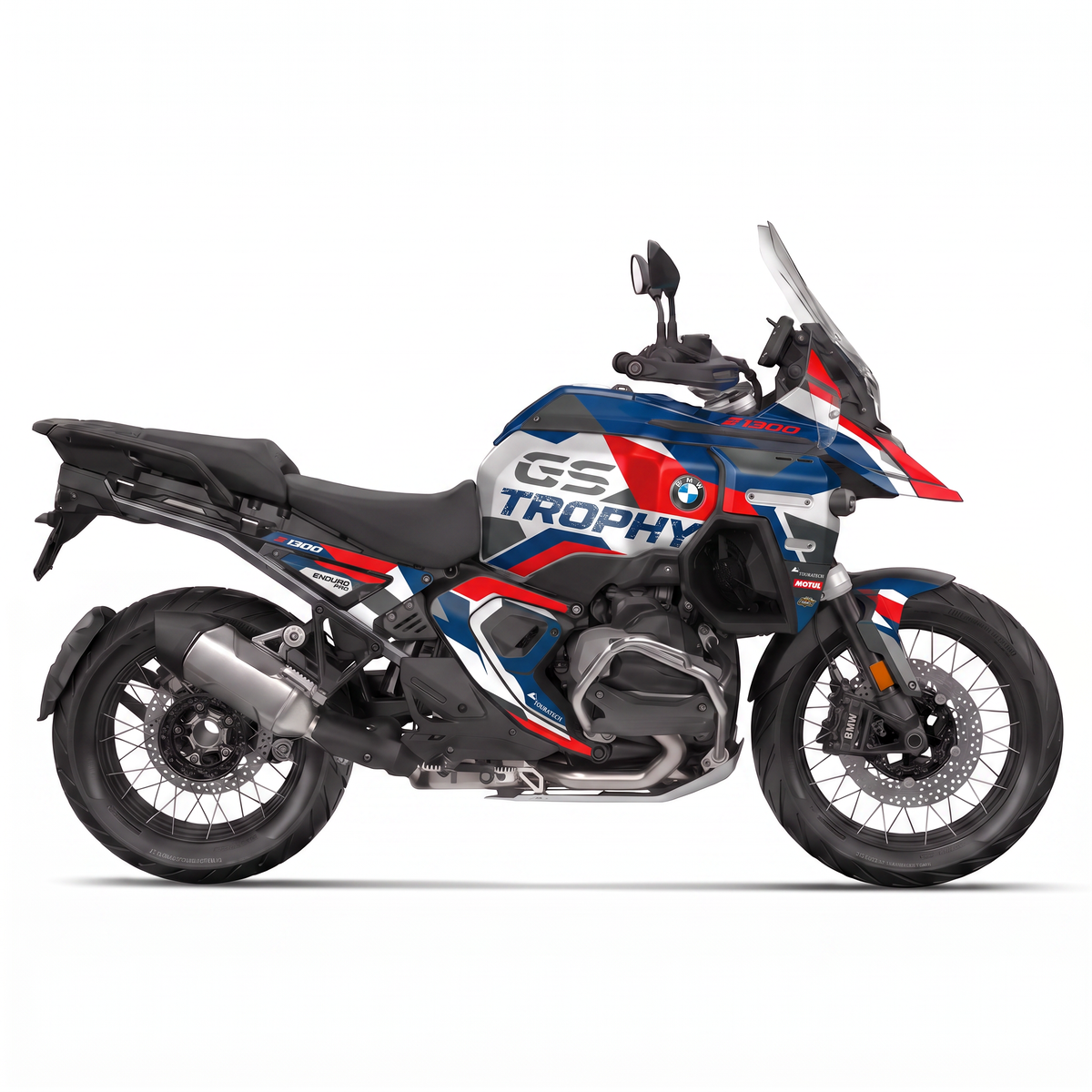 BMW GS 1300 ADV con kit Trophy Rally, perfil lateral: facetas azul, rojo y blanco