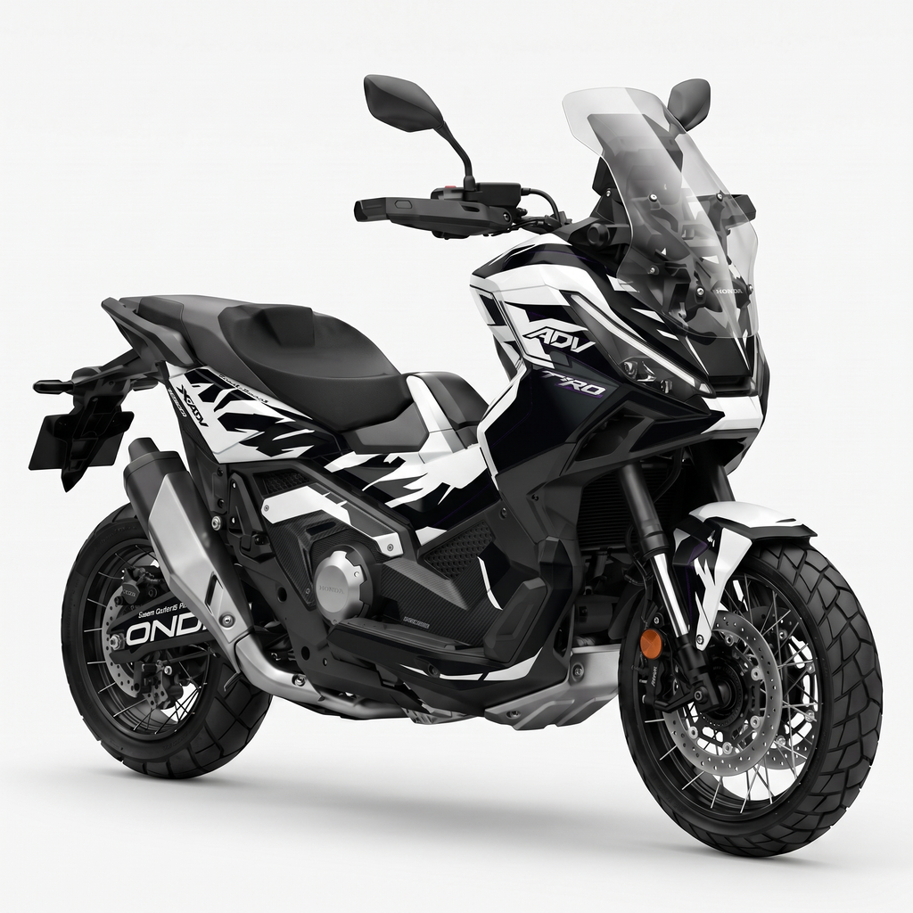 Honda X-ADV 750 con kit Fusion Black montado: esquema monocromo negro y blanco con trazos rotos en los flancos