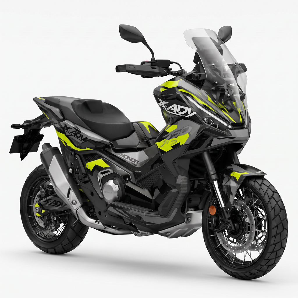 Honda X-ADV 750 con kit Geometric Yellow montado: base negra y gris con formas geométricas en amarillo flúor