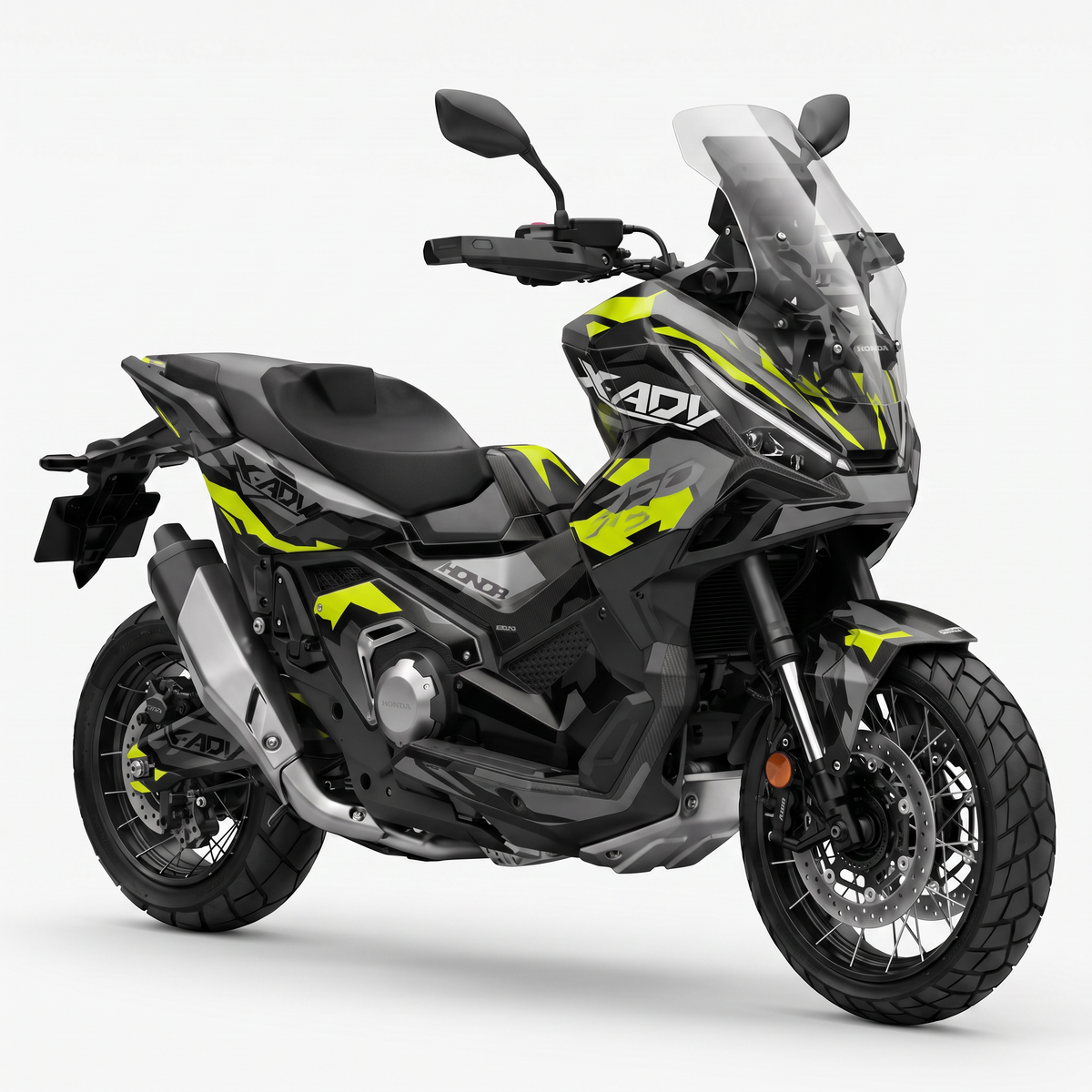 Honda X-ADV 750 con kit Geometric Yellow montado: base negra y gris con formas geométricas en amarillo flúor