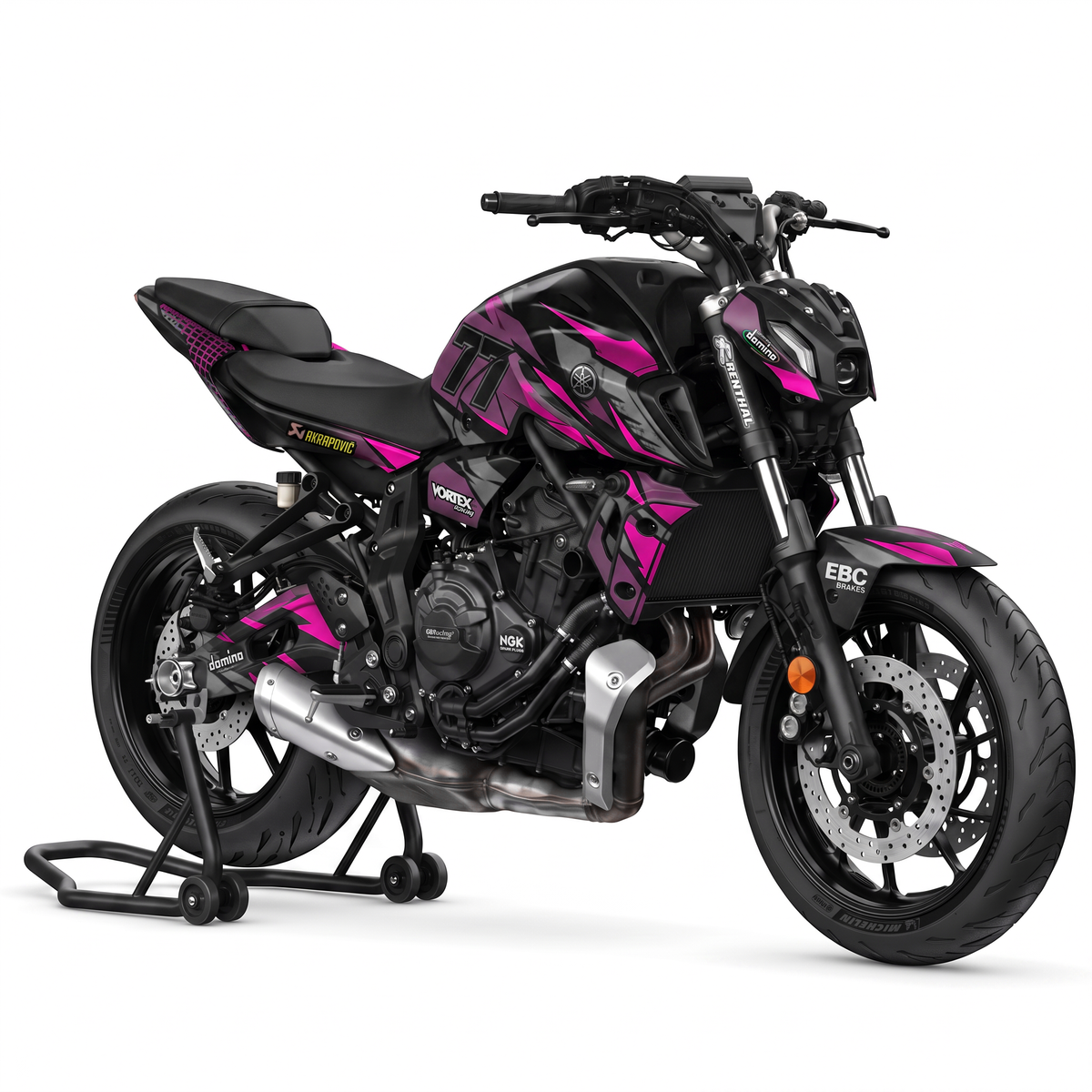 Kit de pegatinas Podium Pink montado en una Yamaha MT-07