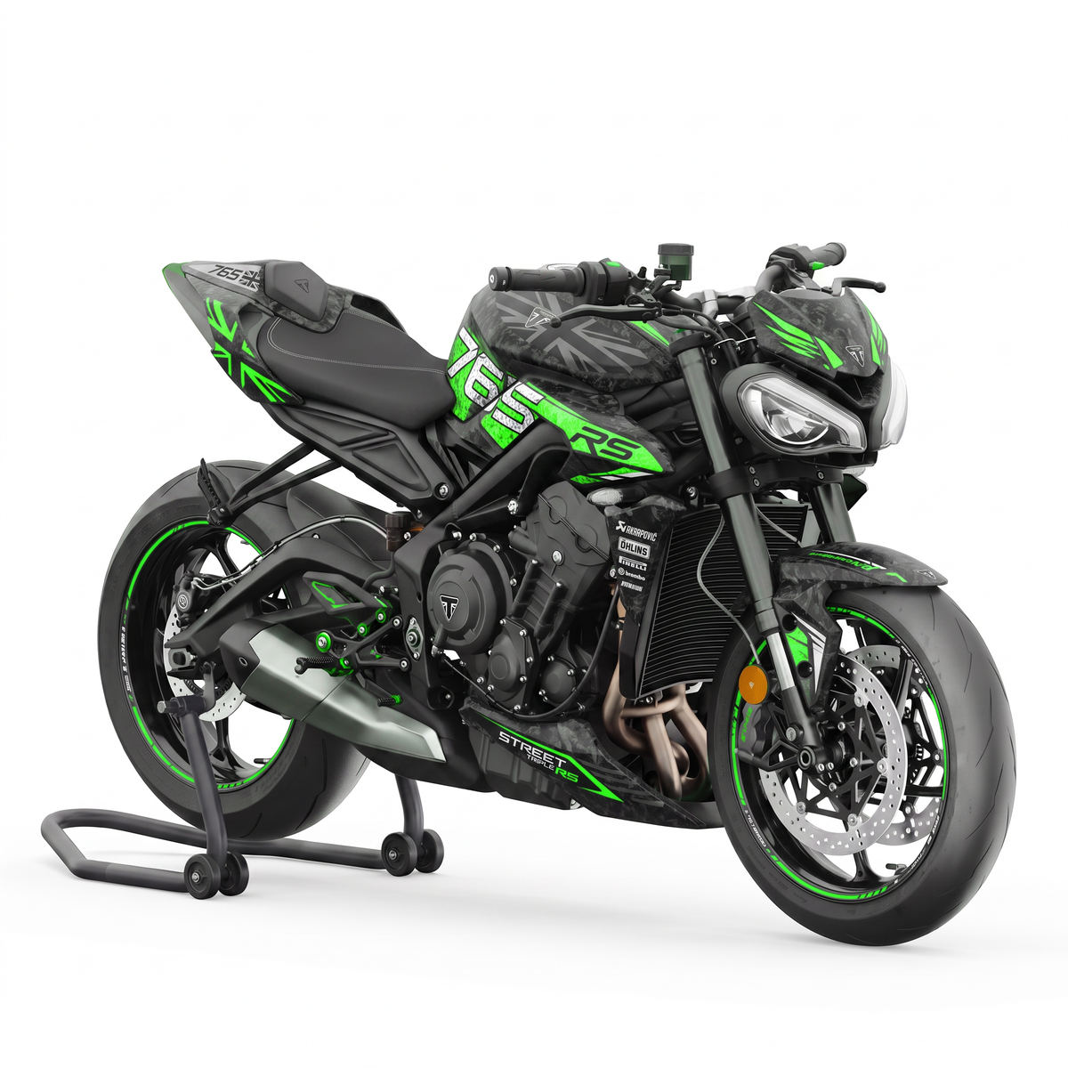 Kit de pegatinas Union Green con Union Jack en una Triumph Street Triple 765 RS, vista tres cuartos