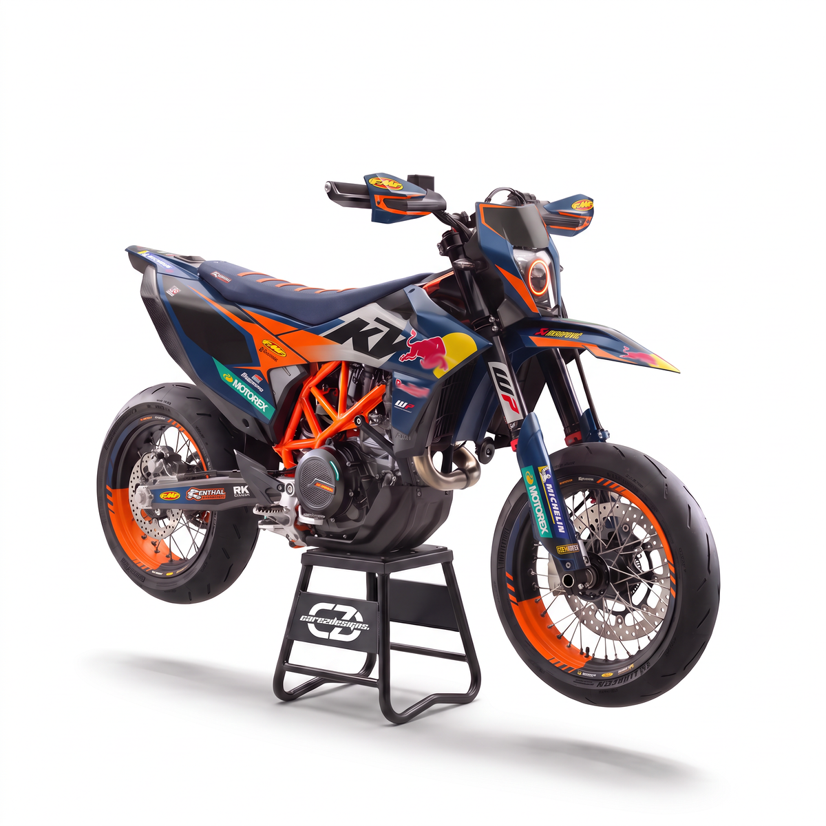 Vinilos KTM 690 SMC R (2020-2026) - Factory Navy, vista tres cuartos