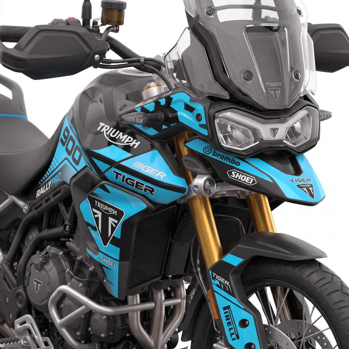 Vinilos Triumph Tiger 900 Rally Pro (2020-2023) - Rally Cyan, vista tres cuartos