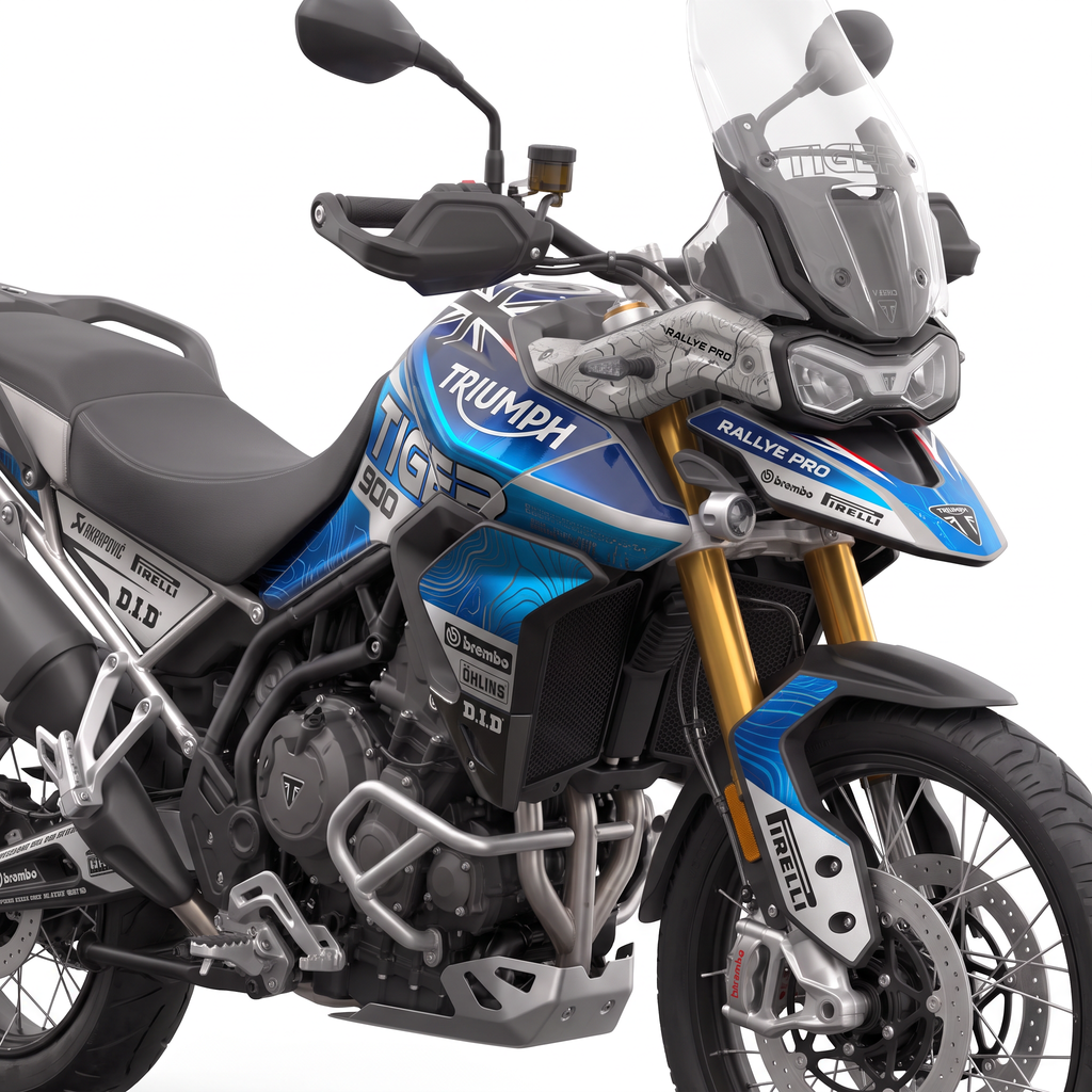 Vinilos Triumph Tiger 900 Rally Pro (2020-2023) - Topo Blue, vista tres cuartos