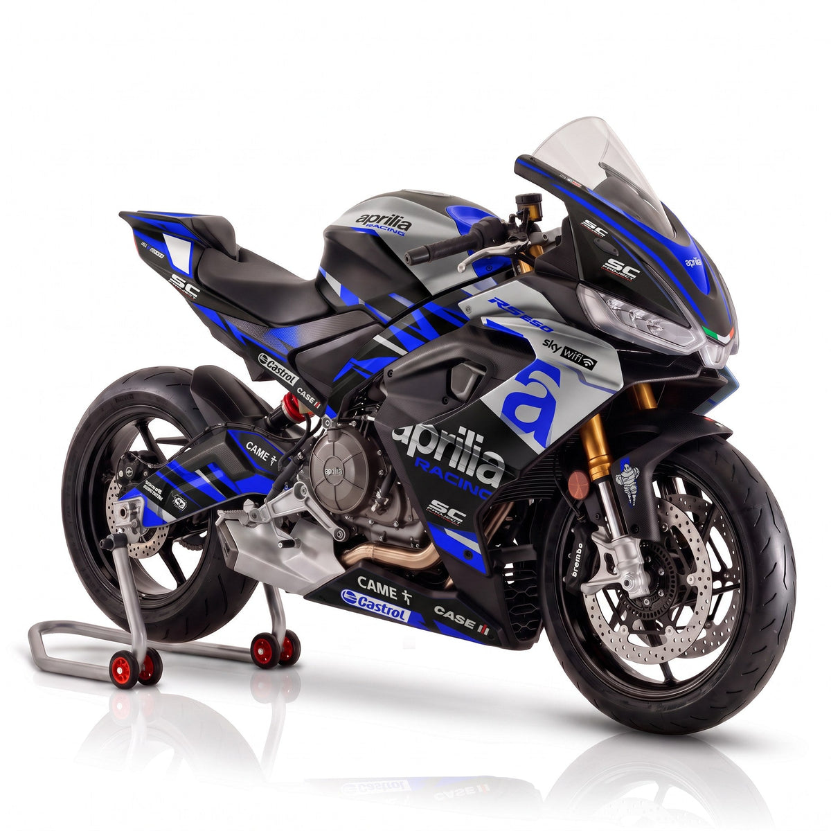 Aprilia RS660 con kit de adhesivos Blue Track en negro, azul y blanco