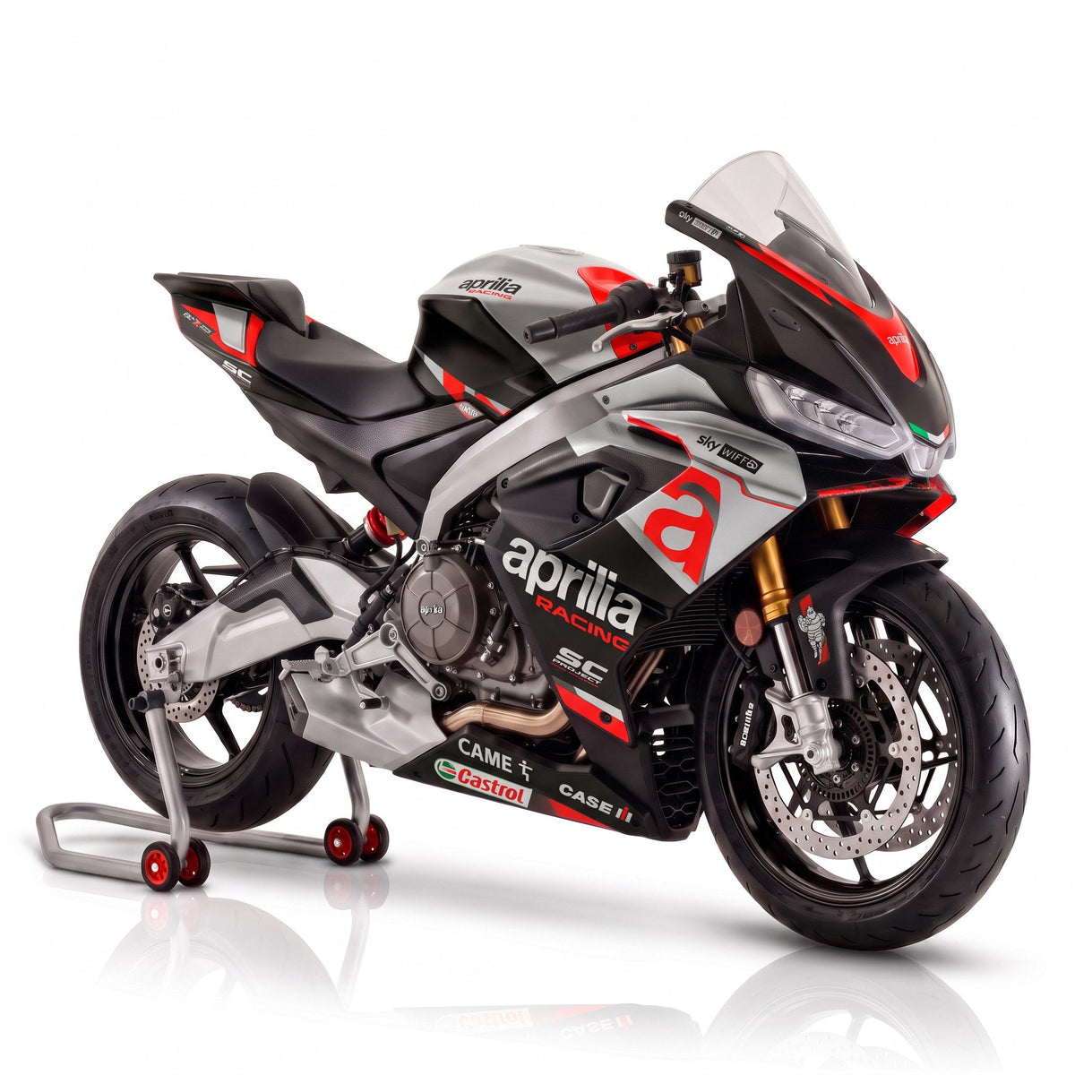 Aprilia RS660 con kit de adhesivos Silver Edge en gris plata, negro y rojo
