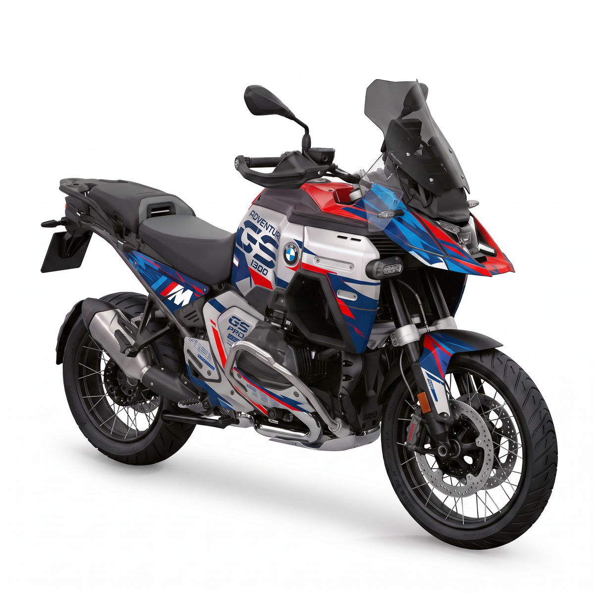 Kit adhesivos BMW GS 1300 ADV (2024-2026) - Adventure Pro, trazos azul, blanco y rojo con rotulo GS Pro