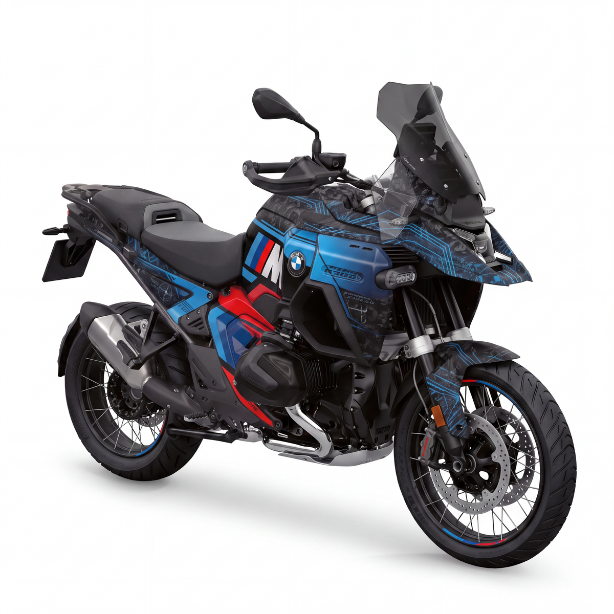 Kit adhesivos BMW GS 1300 ADV (2024-2026) - Cyber Blue, circuiteria azul electrico sobre negro con rojo