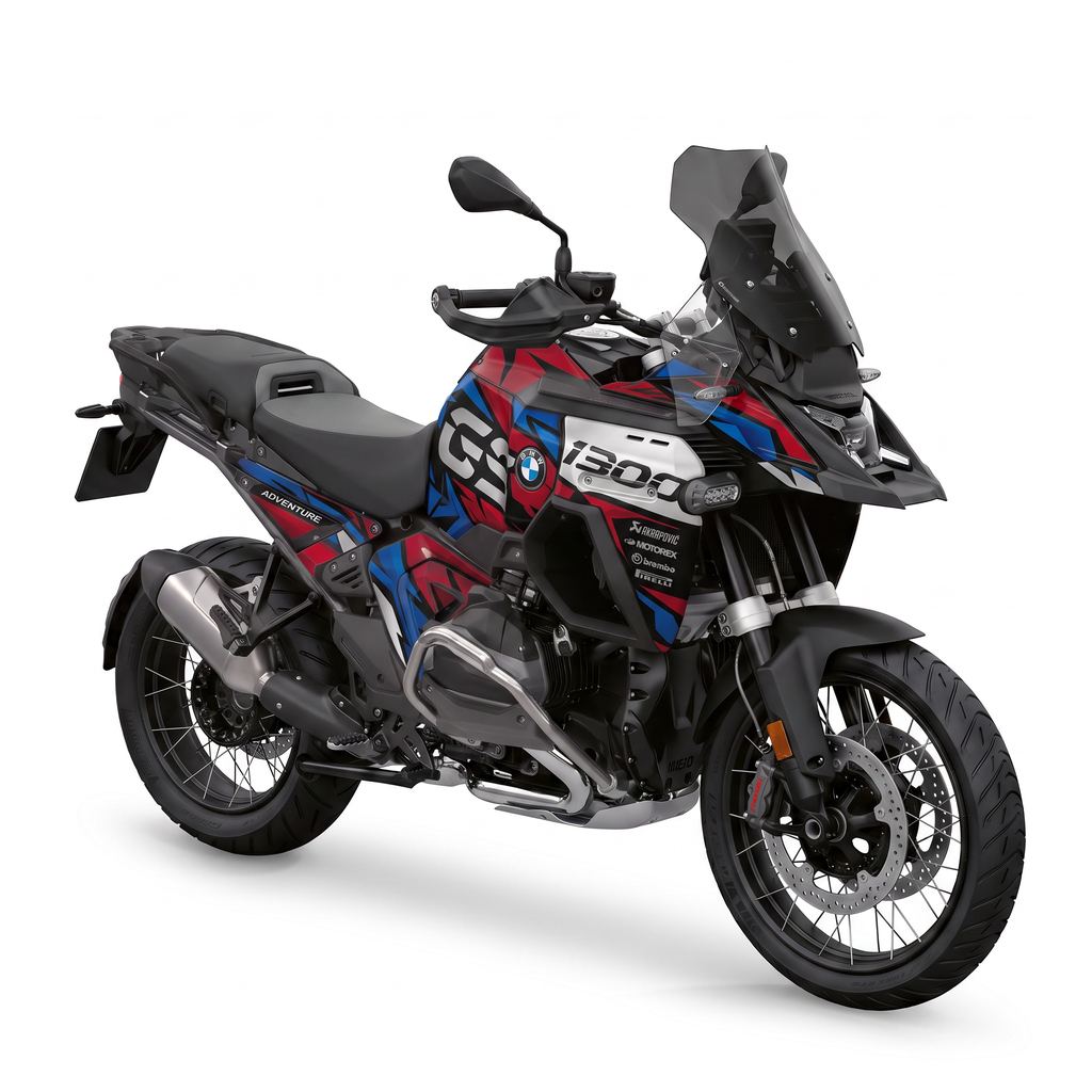 Kit adhesivos BMW GS 1300 ADV (2024-2026) - Rally Storm, negro con astillas rojas y azules y GS blanco
