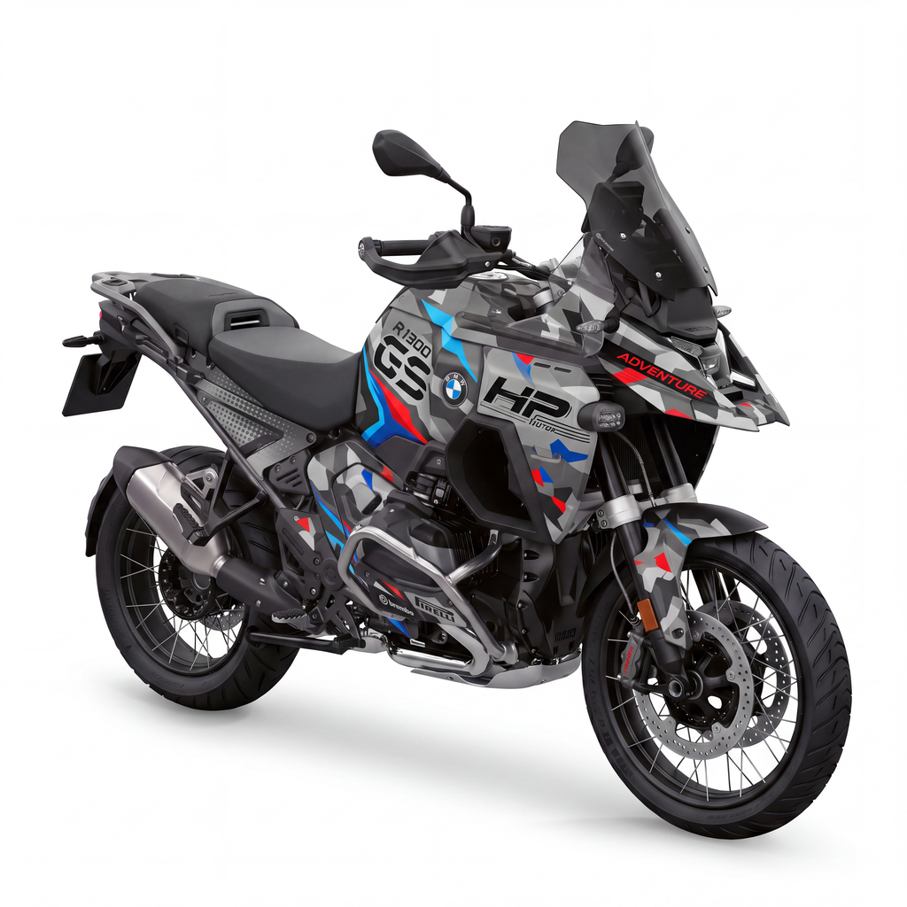 Kit adhesivos BMW GS 1300 ADV (2024-2026) - Urban Camo, camuflaje geometrico gris con toques azul y rojo