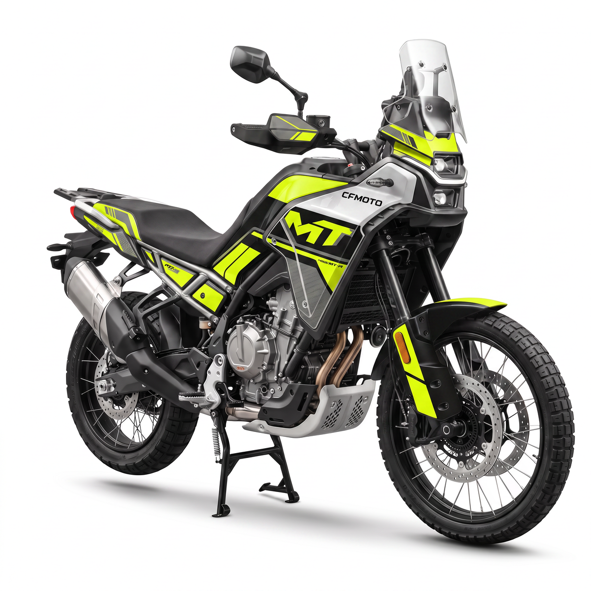 CFMOTO 450MT con kit de adhesivos Fluor en negro y amarillo fluor con formas geometricas y letras MT