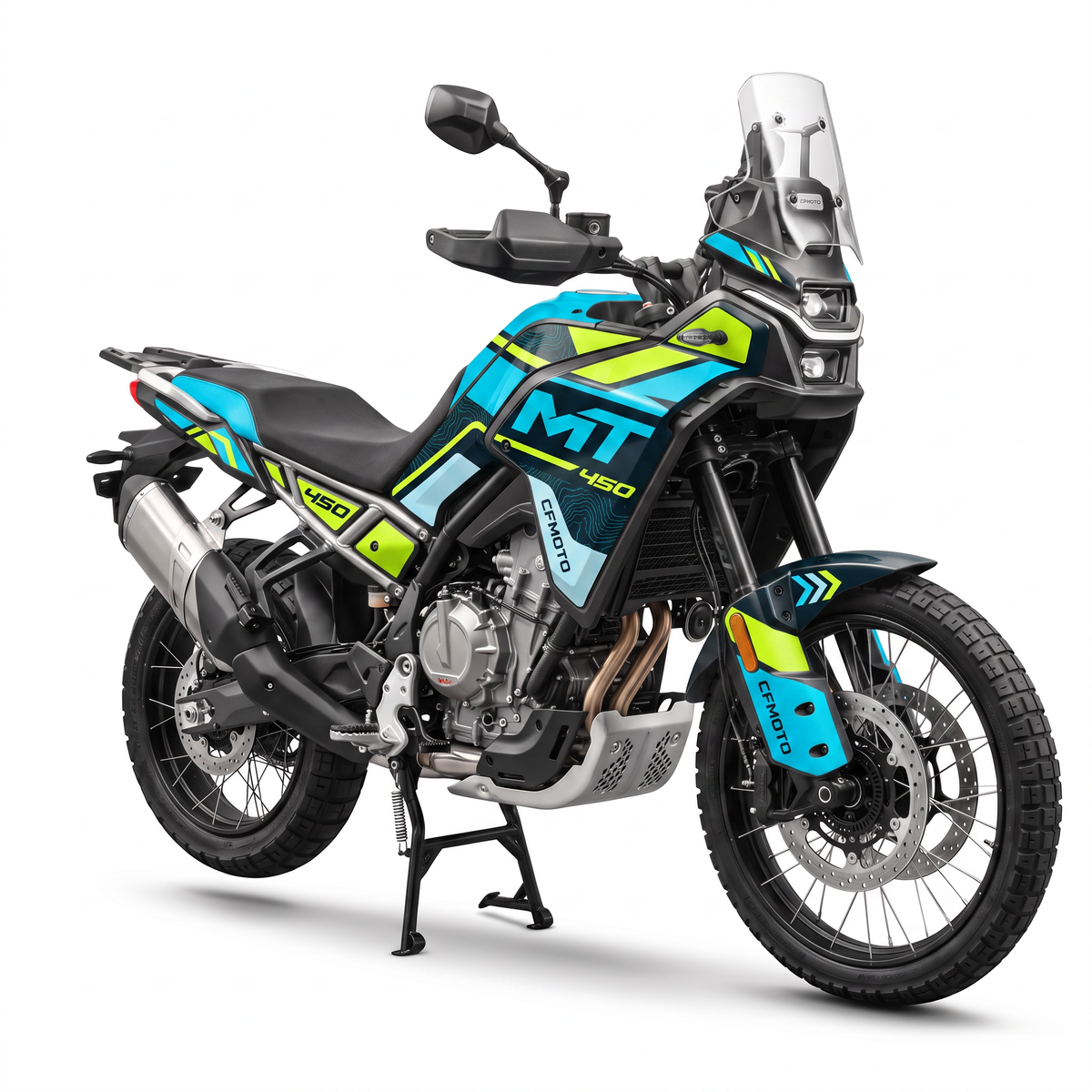 CFMOTO 450MT con kit de adhesivos Nautic en azul cian, amarillo lima y negro con letras MT 450