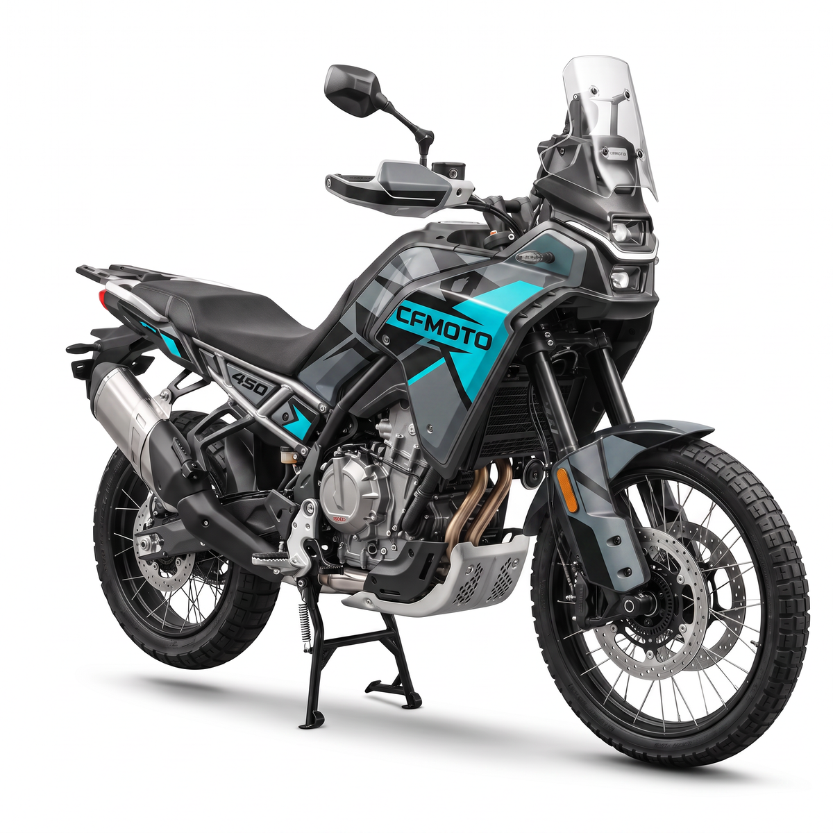 CFMOTO 450MT con kit de adhesivos Storm en gris oscuro y turquesa con bloques angulares tipo camuflaje