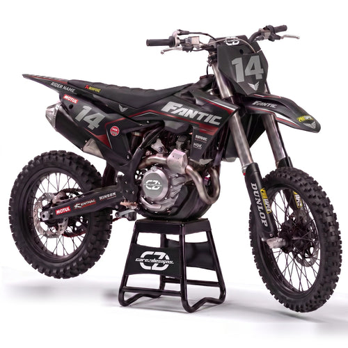 Kit adhesivos motocross Fantic - Shadow Black, en negro y gris oscuro con dorsal 14
