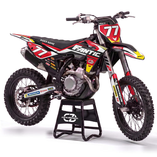 Kit adhesivos Fantic enduro y motocross - Volt Yellow, negro, rojo y amarillo con dorsal 77