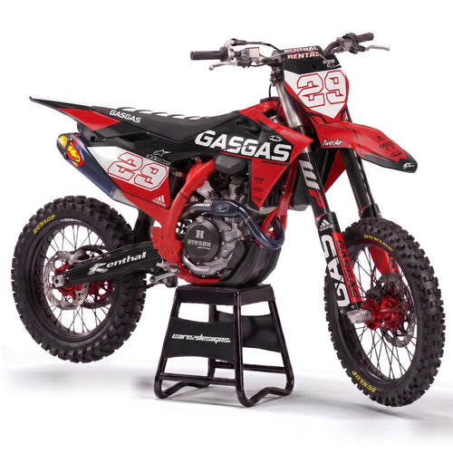 Kit adhesivos motocross GasGas - Bold Red, en rojo, negro y blanco con dorsal 99