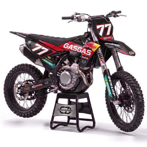 Kit adhesivos motocross GasGas - Dark Factory, en negro y rojo con dorsal 77