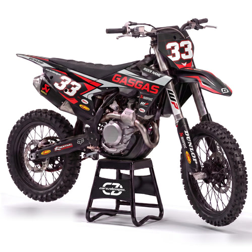 Kit adhesivos motocross GasGas - Shadow Grey, en negro, gris y rojo con dorsal 33