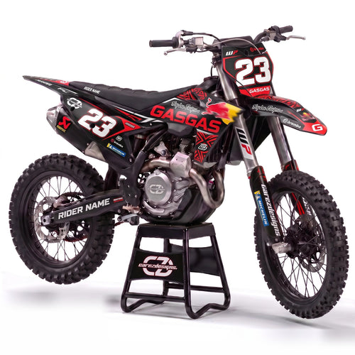 Kit adhesivos motocross GasGas - Tribal Black, en negro y rojo tribal con dorsal 23
