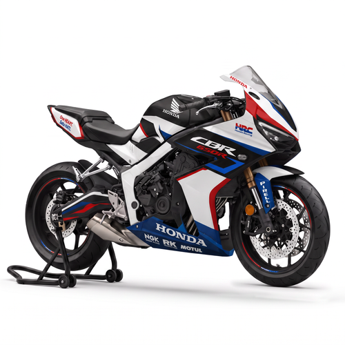 Honda CBR 650R con kit de adhesivos HRC Shadow Blue en blanco y azul con horquillas doradas