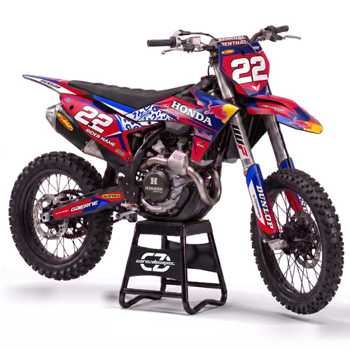 Kit adhesivos motocross Honda - Blue Wing, en azul, rojo y blanco con dorsal 22
