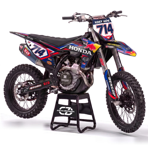 Kit adhesivos motocross Honda - Deep Blue, en azul, negro y rojo con dorsal 714
