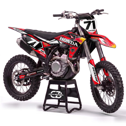 Kit adhesivos motocross Honda - Night Red, en negro, rojo y blanco con dorsal 71